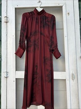 Women's High-Neck Long Sleeve Midi Dress in Burgundy
